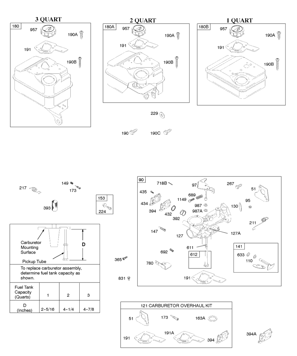 Carburetor, Carburetor Overhaul Kit, Fuel Supply Diagram and Parts List for  Briggs and Stratton Engine